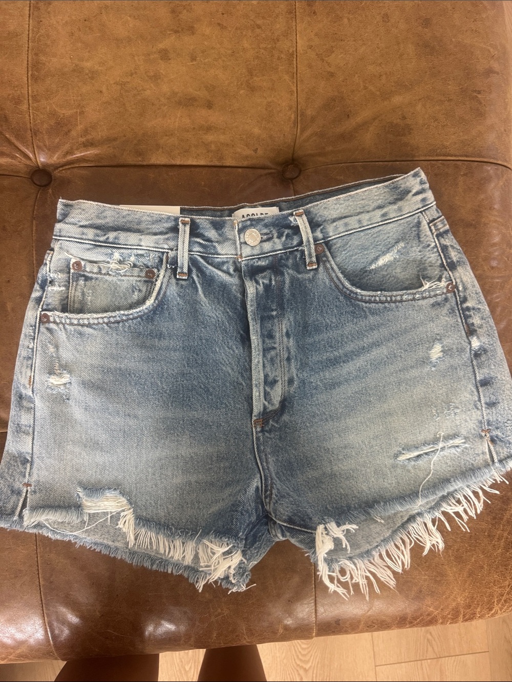 Agolde Light Blue Distressed High-Rise Jean Shorts